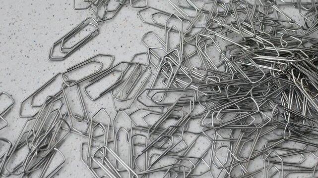 Paper clips intertwined in chaos on a bright surface, a visual representation of disordered creativity.