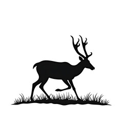 Obraz premium A black silhouette of a deer with antlers running through grass on a white background