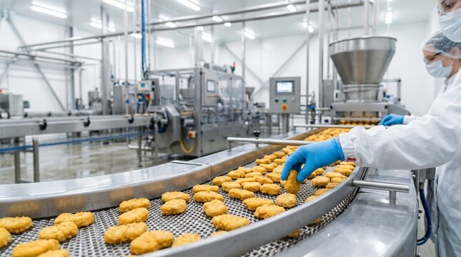 Food processing plant with workers in protective gear inspecting chicken nuggets on a conveyor belt