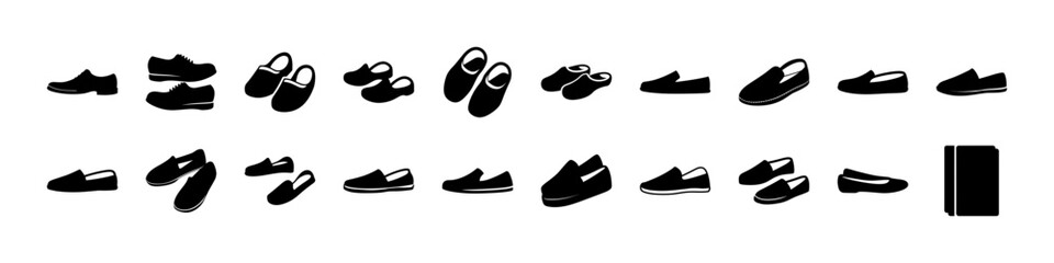 Obraz premium Black and white flat shoe icons set - Minimalist collection of black and white flat shoe icons in various styles for design and illustration projects.