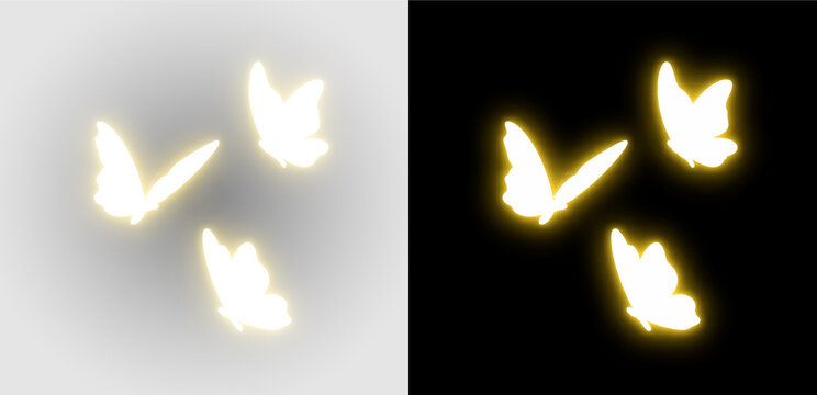 Radiant golden butterfly silhouettes glow light decorative trio effect png overlay element, on transparent background