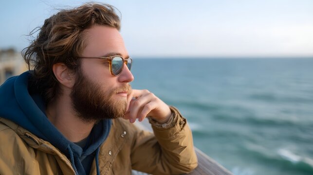A contemplative man rests by a scenic ocean railing gazing out over the expansive coastal waters