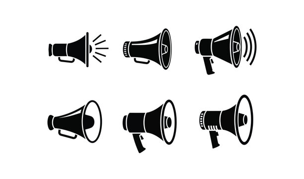 A set of six different megaphone icons in black and white