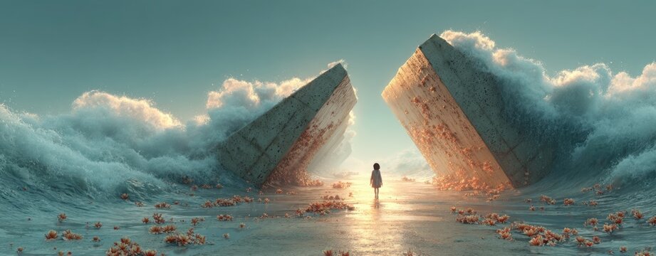 A child's courageous journey through a parted sea of turmoil, a surreal metaphor for overcoming adversity, mental health resilience, and finding a path to hope and healing.