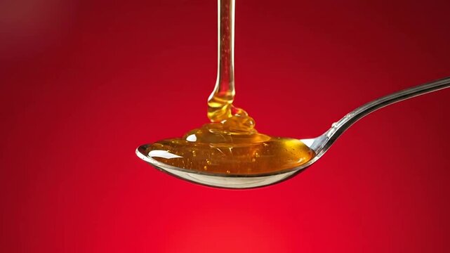 Golden honey dripping onto a spoon.