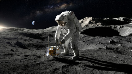 Astronaut in Spacesuit Operating Scientific Equipment on Moon Surface with Earth and Milky Way Visible in Background