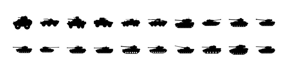 Tank silhouette icons set of military vehicles - Black silhouettes of tanks and armored military vehicles in various styles, ideal for defense, war themes, and tactical design projects. © MST