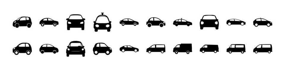 Fototapeta premium Car silhouette icons set of compact vehicles - Black silhouettes of compact cars in various styles and angles, ideal for automotive, transport, and urban mobility design projects.