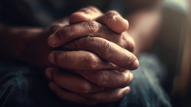 Close-up of hands tightly clasped on lap expressing tension or prayer, Generative AI illustrations.