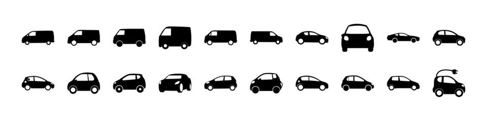 Obraz premium Car silhouette icons collection modern vehicle set - Black silhouettes of modern cars in various shapes and perspectives, ideal for automotive, transport, and urban mobility design projects.