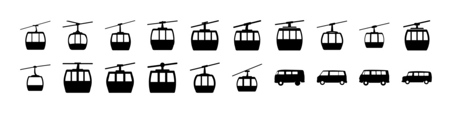 Cable car gondola silhouette icons transport set - Black silhouettes of cable cars and gondola lifts in various styles, ideal for mountain transport, tourism, and urban transit design projects.