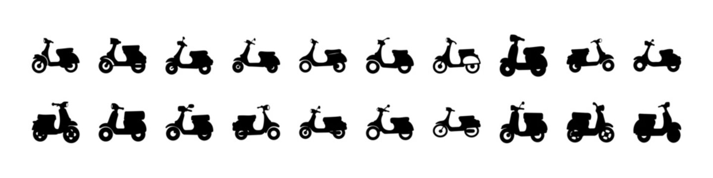 Scooter silhouette icons set of urban mopeds - Black silhouettes of scooters and mopeds in various styles, ideal for urban transport, delivery services, and city mobility design projects.