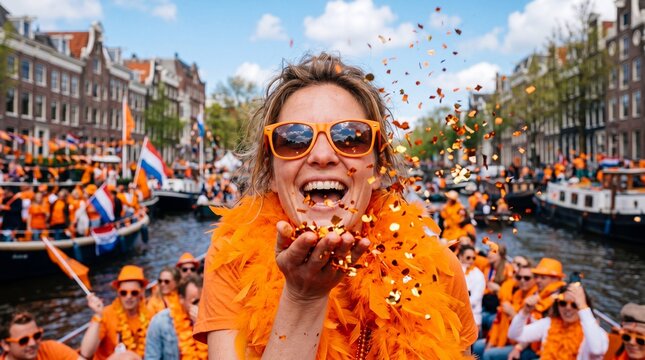 Cheerful people celebrate King's Day canal parade covered in orange confetti in Amsterdam