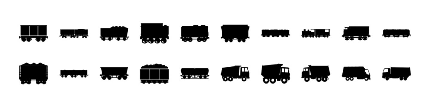 Freight train and cargo wagon silhouette icons - Black silhouettes of freight trains and cargo wagons in various styles, ideal for railway transport, logistics, and industrial design themes.