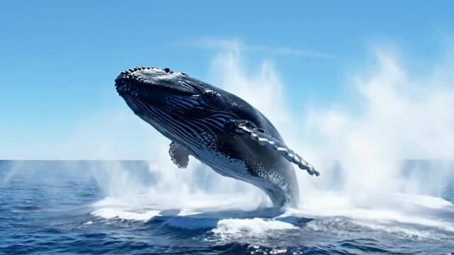 Spectacular humpback whale breaching out of the ocean water under a bright blue sky on a sunny day