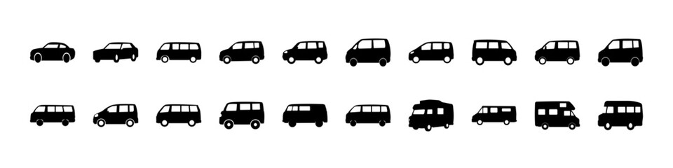 Fototapeta premium Compact car silhouette icons collection in black - Black silhouettes of compact cars and small urban vehicles in various styles, ideal for automotive, transport, and city mobility design projects.