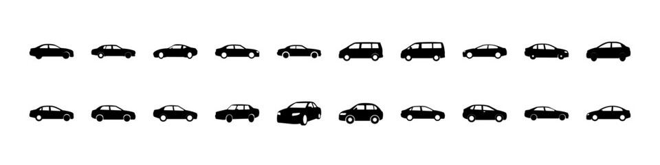 Fototapeta premium Car silhouette icons set of various models - Black silhouettes of different car models including sedans, hatchbacks, and compact vehicles, ideal for automotive, transport, and design use.