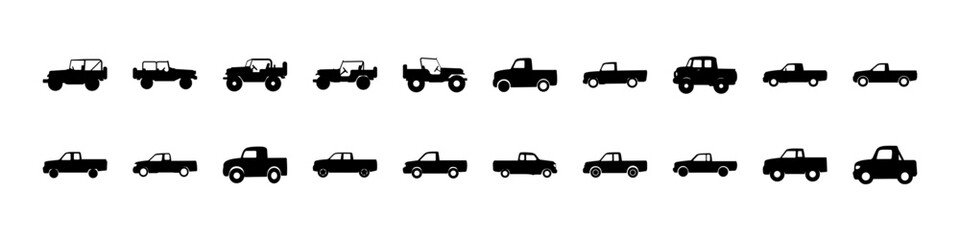 Naklejka premium Pickup truck and car silhouette icon set - Black silhouettes of various cars, pickup trucks, and small vehicles, suitable for automotive, transport, and mobility design applications.