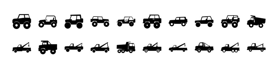 Off road vehicle and tractor silhouette icons - Black silhouettes of off road vehicles, tractors, and utility transport types, ideal for agriculture, construction, and rugged mobility design concepts. © MST