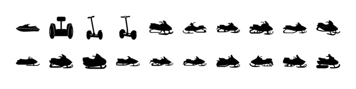 Snowmobile and winter vehicle silhouette icon set - Black silhouettes of snowmobiles and winter transport vehicles, perfect for cold climate travel, recreation, and outdoor mobility design themes.