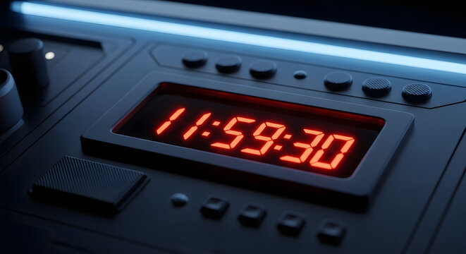 Close-up of digital countdown timer on control panel with red display and blue light. Generative AI