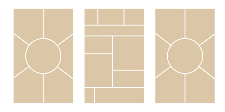 Image collage layout template. Beige mosaic mood board grid collection. Picture frame set. Photo album idea for banner, poster, comic page, flyer, brochure, booklet, memory wall design. Vector pack