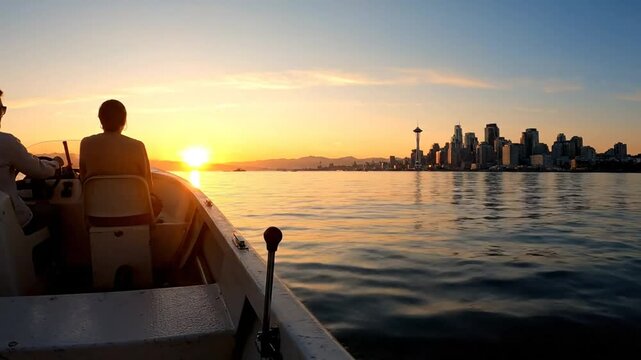 Scenic boat ride at sunset with person at helm and city skyline in the background across water
