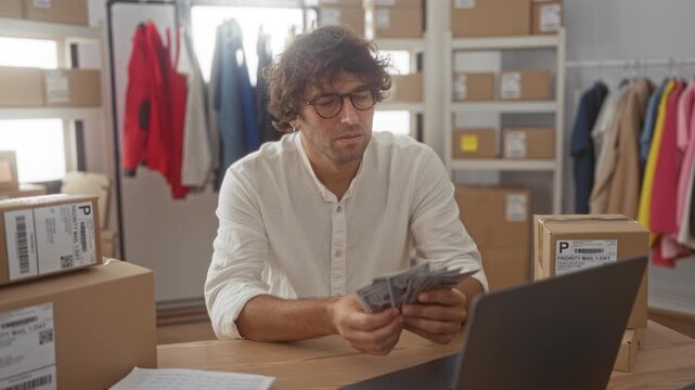 Man counting cash and reviewing packages at a warehouse packing station, later clutching his head in hands and staring at laptop; financial stress.