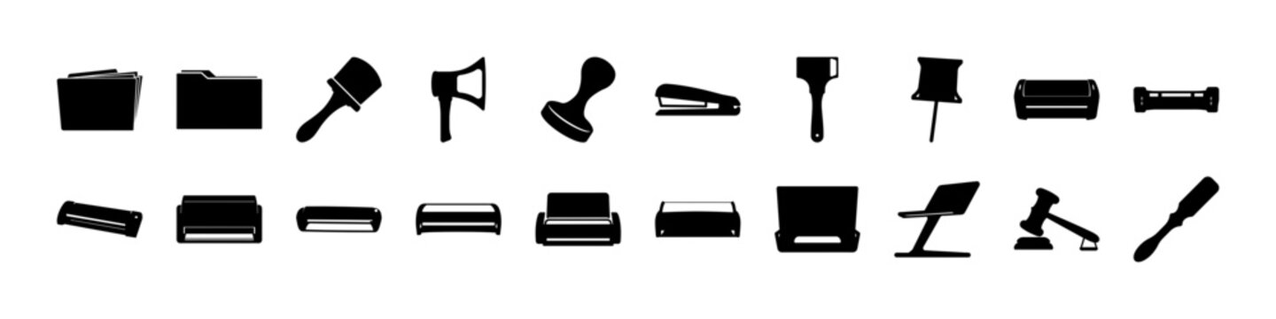 Black office tools and folder silhouette icon set - Set of black silhouettes featuring folders, office tools, devices and workspace items arranged in rows on a white background.