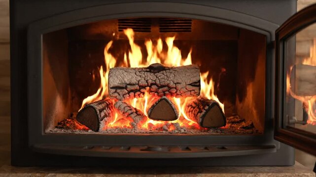 Cozy warm fireplace with burning wood logs and roaring flames creating a relaxing atmosphere