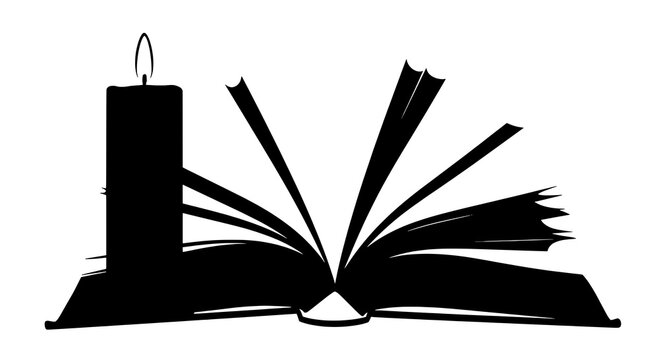 Candle lit beside open book with pages flying outwards in black silhouette featuring dramatic, literary,
