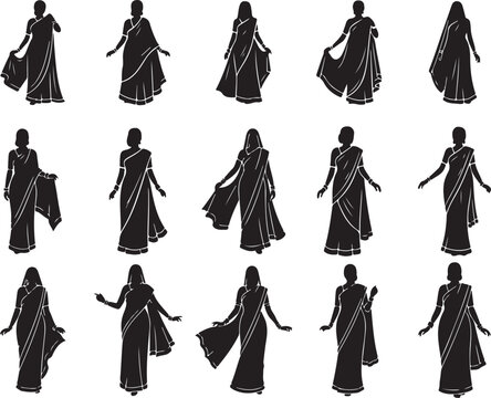 Women in traditional saris depicted as a striking silhouette. Women in traditional saris vector illustration.