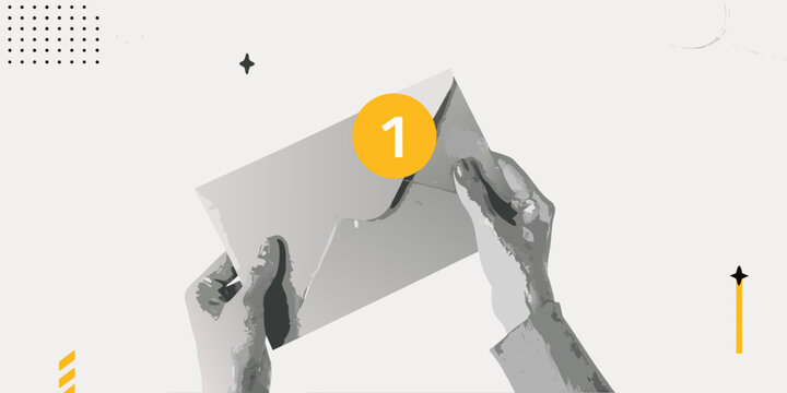 Hands opening a white envelope with a large orange number one on it