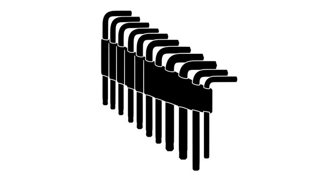 Allen key hex wrench set with multiple L-shaped sizes in solid black silhouette icon style featuring