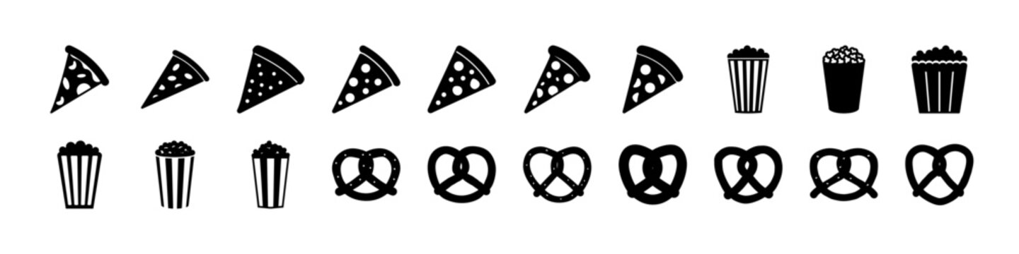 Black pizza and snack silhouette icon set - Minimal black silhouettes of pizza slices, popcorn, drinks and pretzels arranged in rows, isolated on white background for food icon design.
