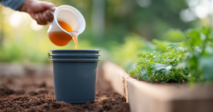 Pouring liquid fertilizer into garden pot