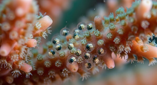 Close-up of coral polyps with visible eggs, depicting the vital reproduction cycle of a thriving marine reef