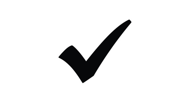 A simple black checkmark icon is displayed against a stark white background signifying completion high quality