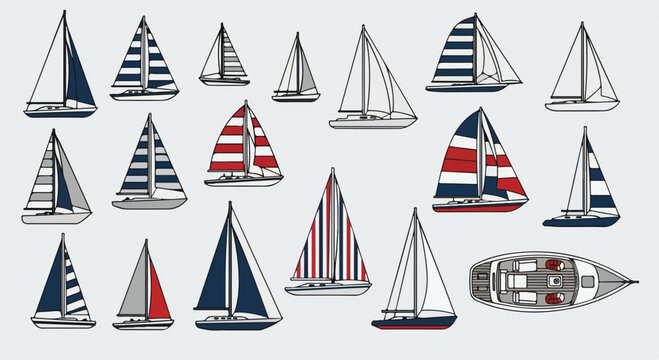 Collection of various sailboats and yachts with colorful sails on calm water