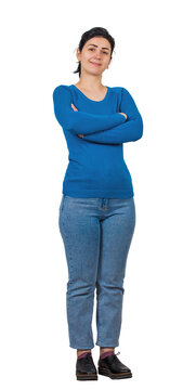 Full length portrait of a confident young woman, keeps arms folded, looking to camera with a positive smile, isolated on transparent background