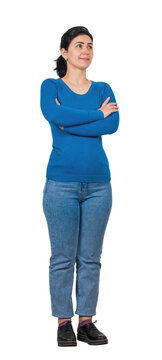 Full length portrait of a confident young woman, keeps hands crossed, looking away with a positive smile, isolated on transparent background
