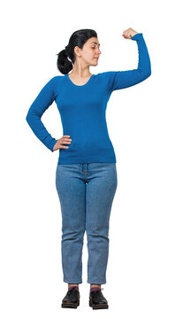 Full length portrait of a self-confident young woman flexing arm muscles, showing biceps. Brave and strong female isolated on transparent background