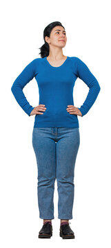 Full length portrait of a brave woman keeps arms on hips, smiling confident and looking away isolated on transparent background. Proud female show ambition and leadership motivation