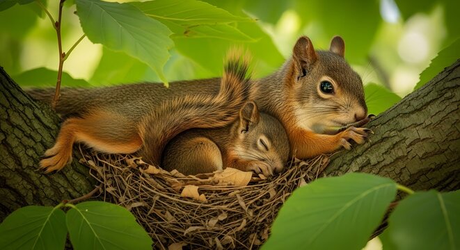 Two adorable squirrels resting together in a cozy nest on a tree branch