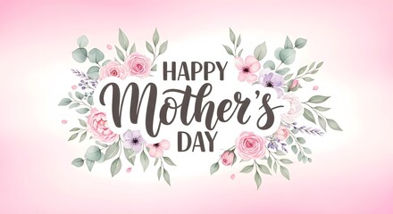 Fototapeta premium Happy mothers day floral greeting card with pink flowers and green leaves on pink background