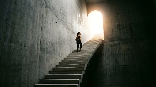 A woman stands on a staircase leading to a bright light in a concrete tunnel