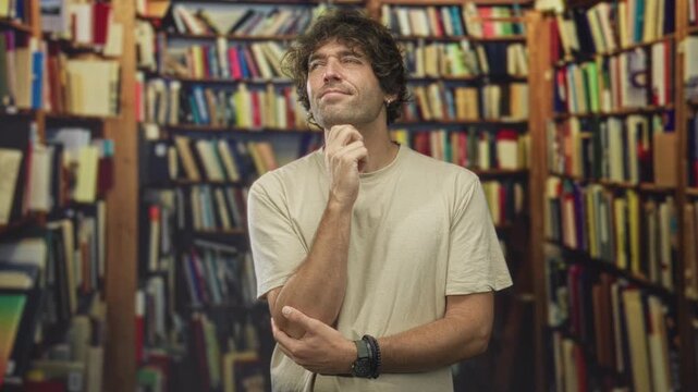 Young hispanic man touches chin in a library building surrounded by bookshelves and books; thoughtful curiosity.