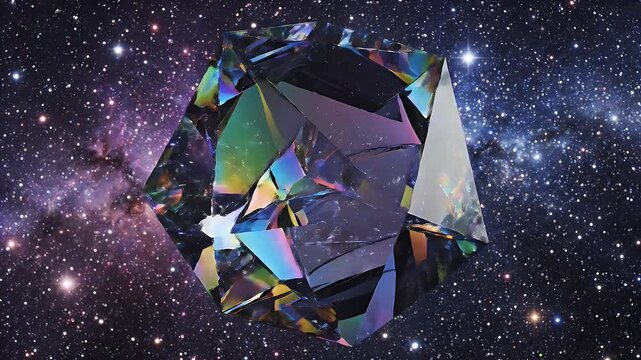 Iridescent Geometric Crystal in Space - This video features a large, multifaceted, iridescent crystal set against the backdrop of a star-filled galaxy.