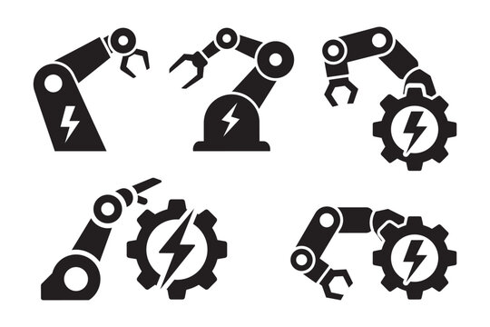 Set of robotic arms icons, industrial robot manipulators with gear and lightning bolt symbols, vector illustration