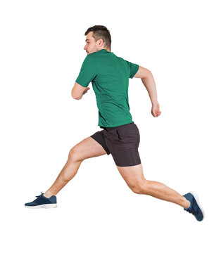Side view full length portrait of a determined man athlete jumping over obstacle isolated on transparent background. Male runner in powerful leaping motion, physical performance and agility